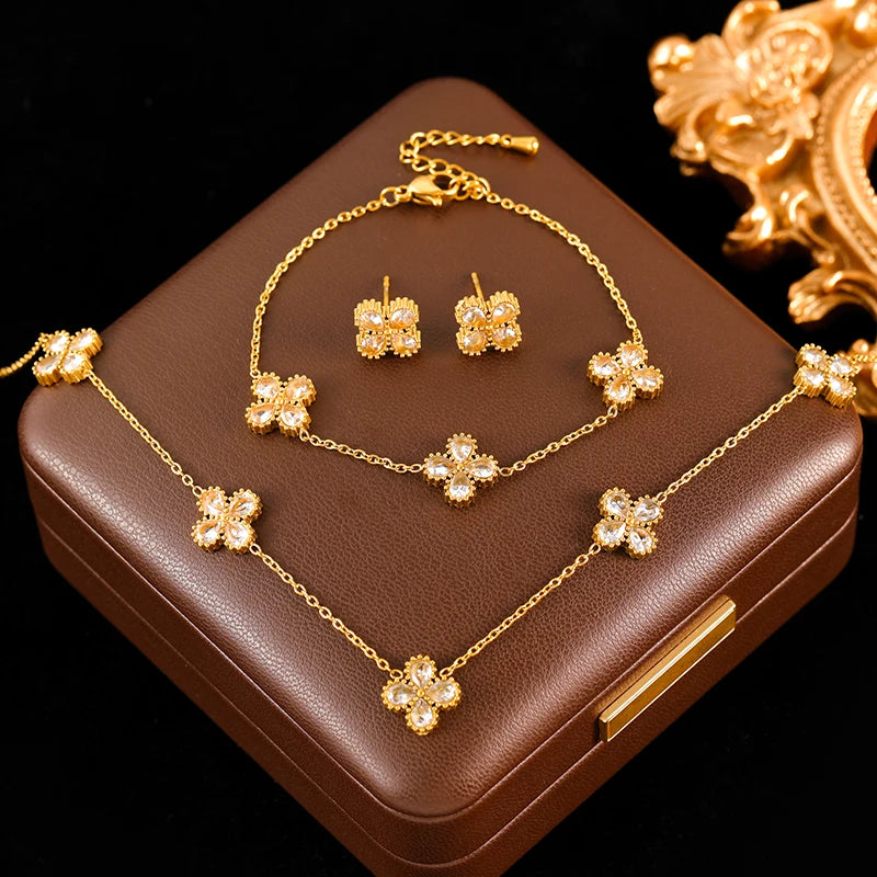 GANEMLY Stainless Steel  Sparkling White Zircon Flower Necklace Bracelet Earrings Set For Women Trendy Waterproof Jewelry Gift