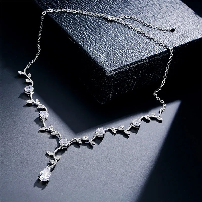 ZAKOL Classic White Rose Gold Color Cubic Zirconia  Bridal Jewelry Sets Leaf Shape Choker Earrings Wedding Dress for Women