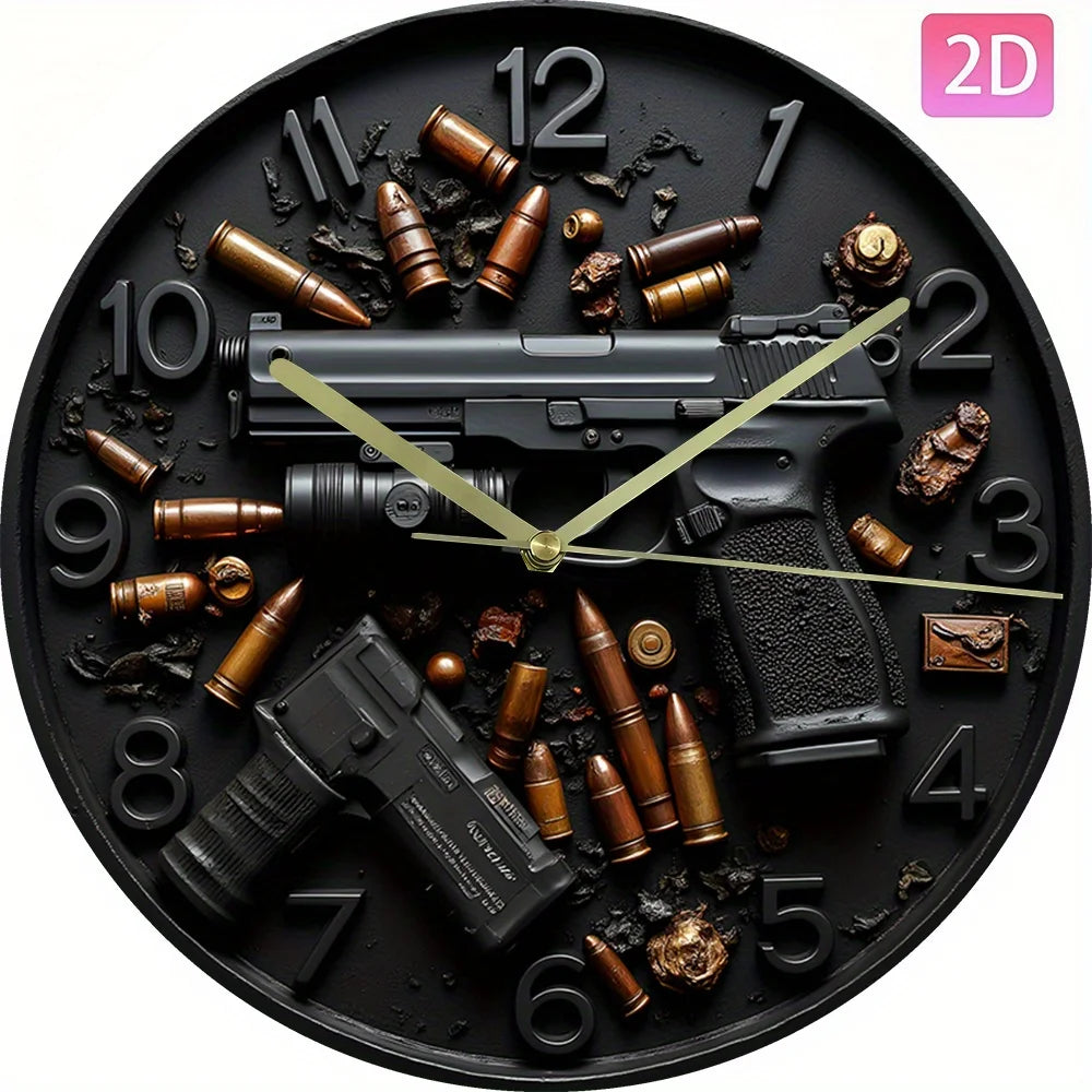 Artistic Wall Clock with Gun & Bullet Design - Silent Non-Ticking Battery Operated Clock for Living Room, Bedroom, Office, Kitc