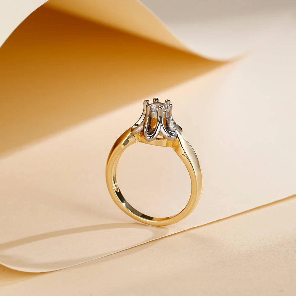 French Petal Inlaid Zircon Earrings and Ring Set, High-End Copper-Plated Two-Tone Gold Fashion Jewelry, Versatile for Commuting