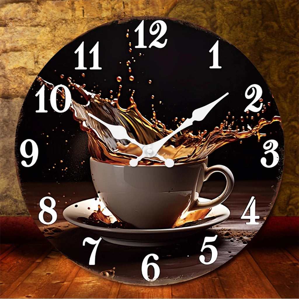 A Stylish Modern Coffee Cup Splash Wooden Wall Clock for Living Room, Bedroom, Kitchen, Home Decoration, Silent Quartz Clock, Holiday Gift, 10 Inches, 12 Inches (No Battery)