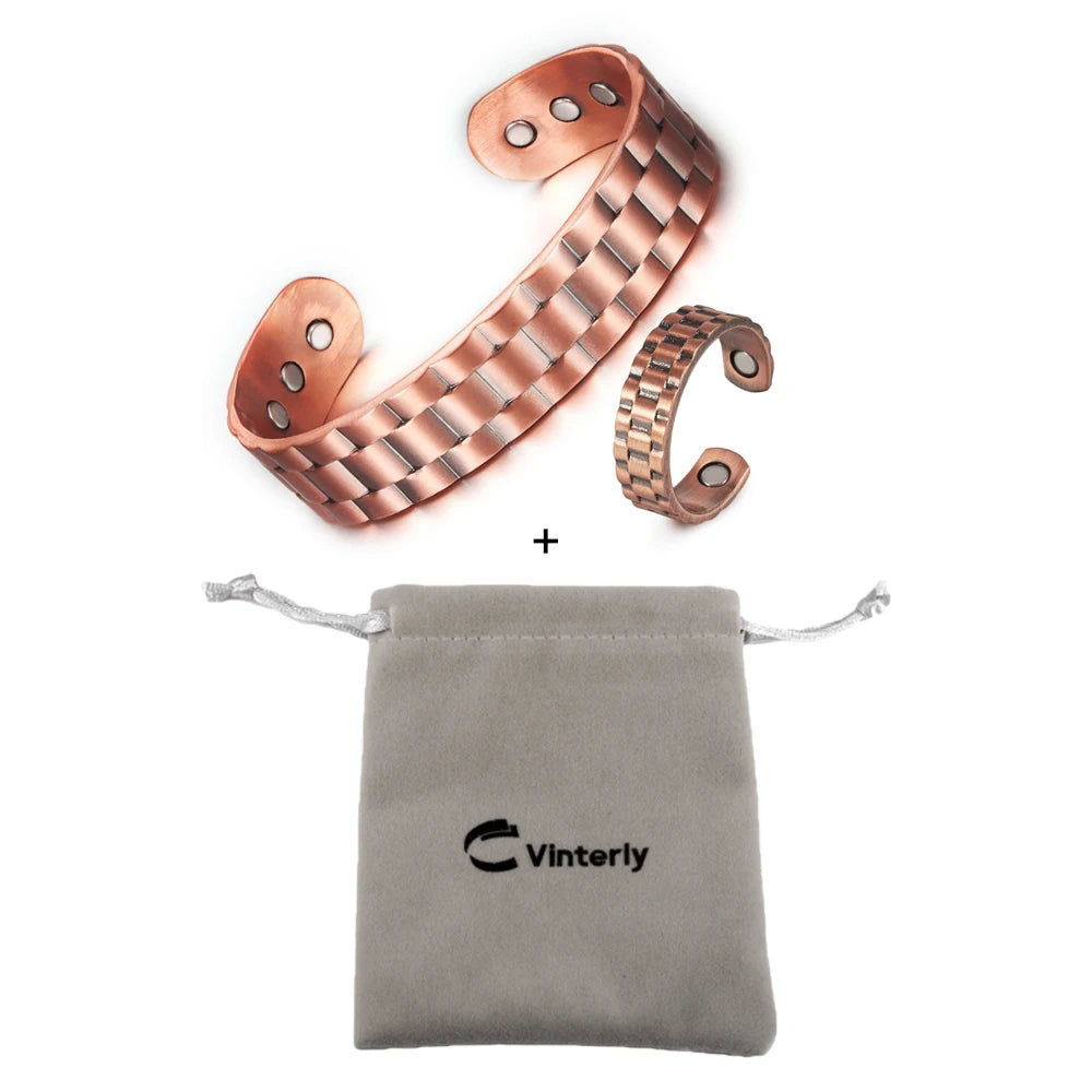 Pure Copper Jewelry Set Magnetic Horse Bracelets Rings Health Energy Adjustable Men Vintage Jewelry-set Open Cuff Resizable