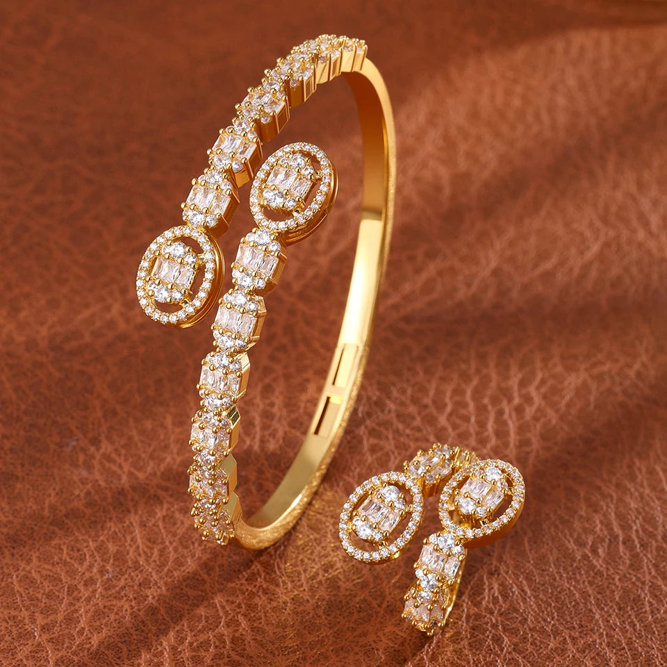 ZAKOL 9 Styles Golden Open Bracelet Ring Jewelry Set Geometric Shiny Zircon 18K Gold Plated Middle East Wedding Party Jewelry