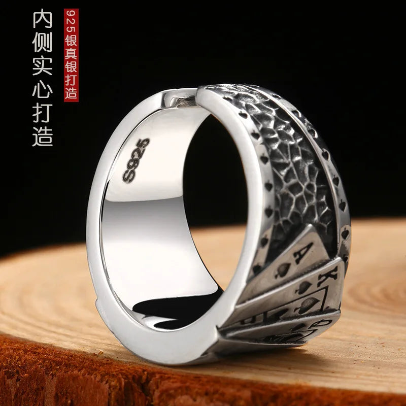 Buyee 925 Sterling Silver Unique Ring Finger Excellent Poker Open Ring for Woman Man Fashion Punk Fine Jewelry Circle with Box
