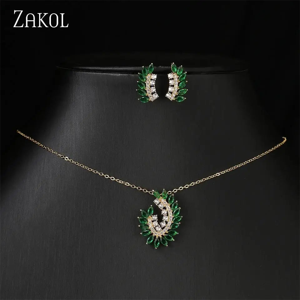 ZAKOL Luxury Retro Micro-set Zircon Women's Necklace Earrings Two-piece Set Temperament Elegant Charm Wedding Party Jewelry Sets