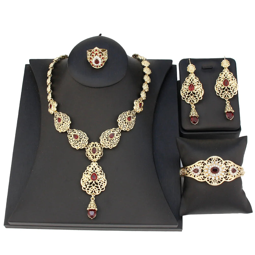 Arabic Jewelry Sets Morocco Choker Necklace Dangler Earring Bracelet Ring Gold Color Ethnic Women Charm Bijoux