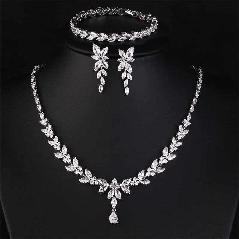 ZAKOL Luxury Cubic Zirconia Necklace Earrings Rings Set for Women Shinny Water Drop Leaf CZ Bridal Wedding Jewelry Sets