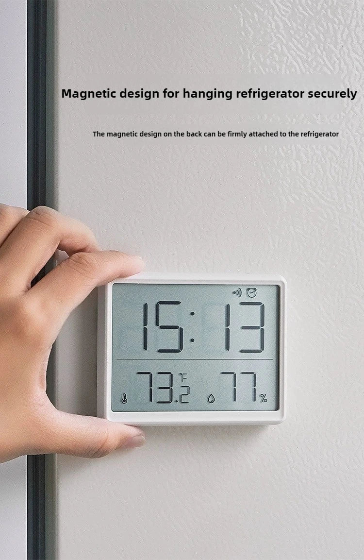 3-in-1 Smart Digital Clock - Temperature & Humidity Display + Alarm - Ultra-Thin Adhesive Mount for Wall or Tabletop Use
