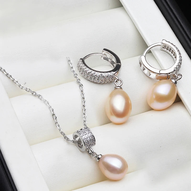 Natural Freshwater Pearl Necklace And Earrings Set Woman,Luxury 925 Silver Pearl Jewelry Set Wife Mother Birthday Gift White