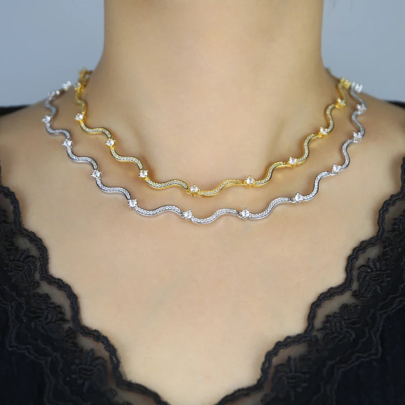 Trendy Geometric Wave Shape Cz Tennis Necklaces for Women Paved White Cubic Zirconia Brass Gold and Silver Color Fashion Jewelry