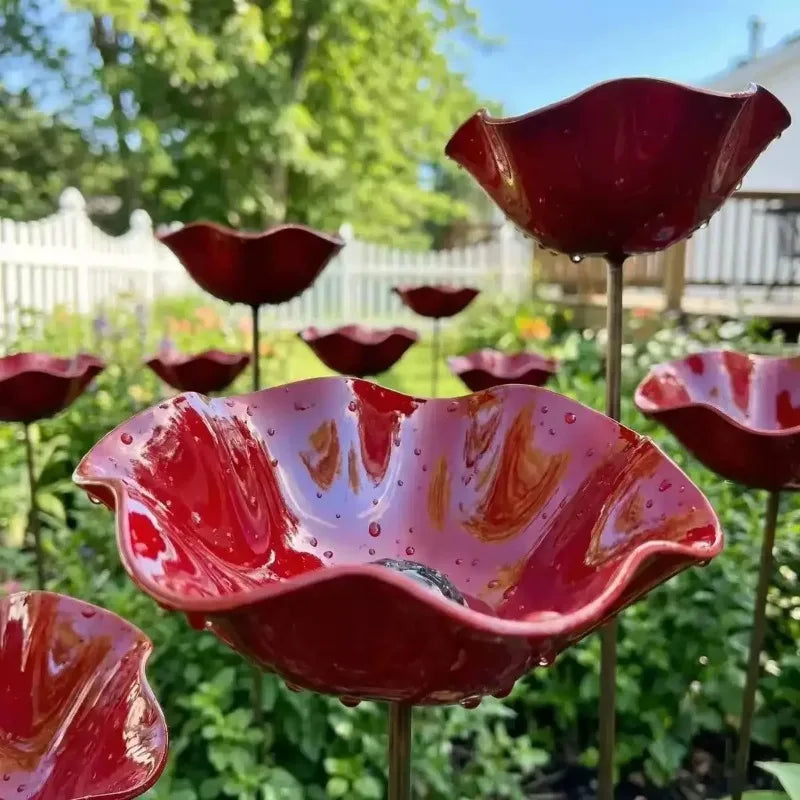 Garden Metal Flower Bird Bath Stake with Copper Bird Water Cleaner Disk Outdoor Yard Bird Water Bowl Bird Feeder Garden Ornament