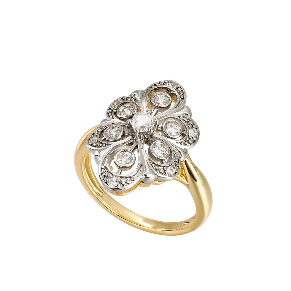 Petal design inlaid with zircon two-tone set earrings ring copper plated 14K gold retro fashion jewelry banquet holiday gift