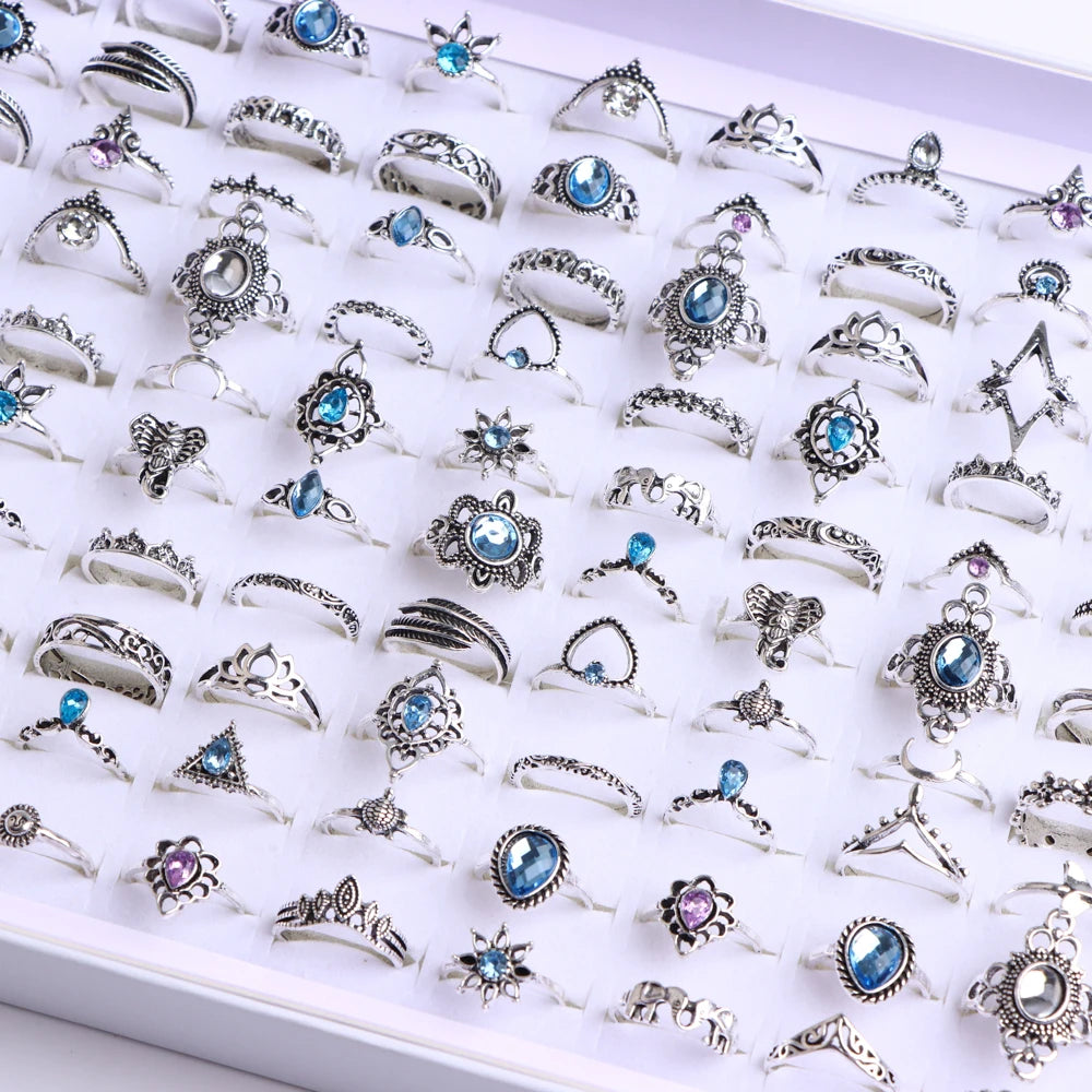 10/20/30/50/100Pcs/Lot Retro Punk Bohemian Rhinestone Carve Rings For Women Mix Style Jewelry Party Gifts Accessories Wholesale