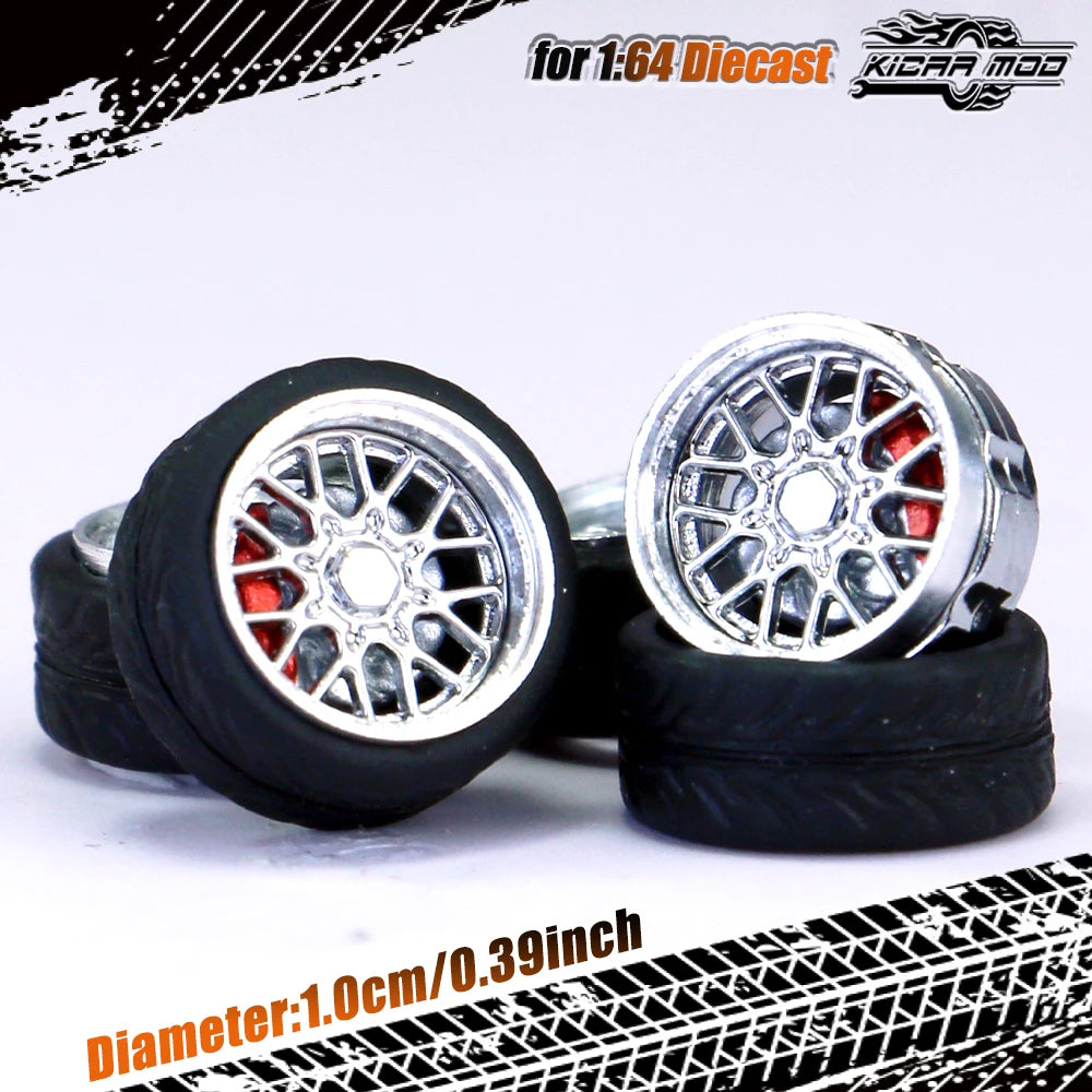 Kicarmod 1/64 Model Car ABS Wheels with Rubber Tire Brake Disc Metal Rims Diameter 10mm Refitting Parts For Model Car