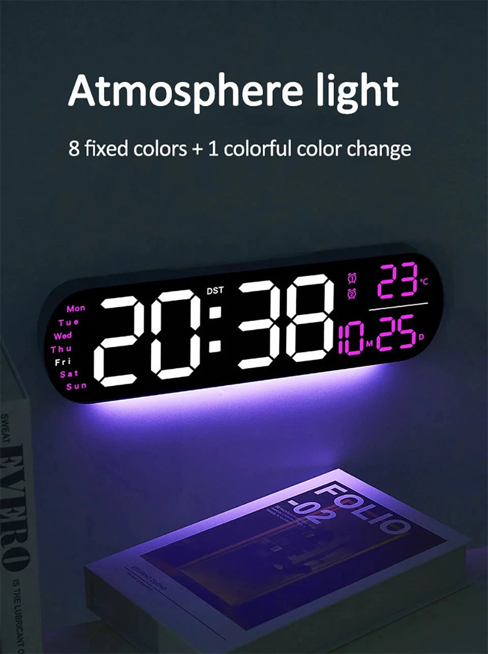 LED Digital Wall Clock With Remote Control Ambient Lights Time Date Temperature Display Alarm Clocks For Home Living Room Decor