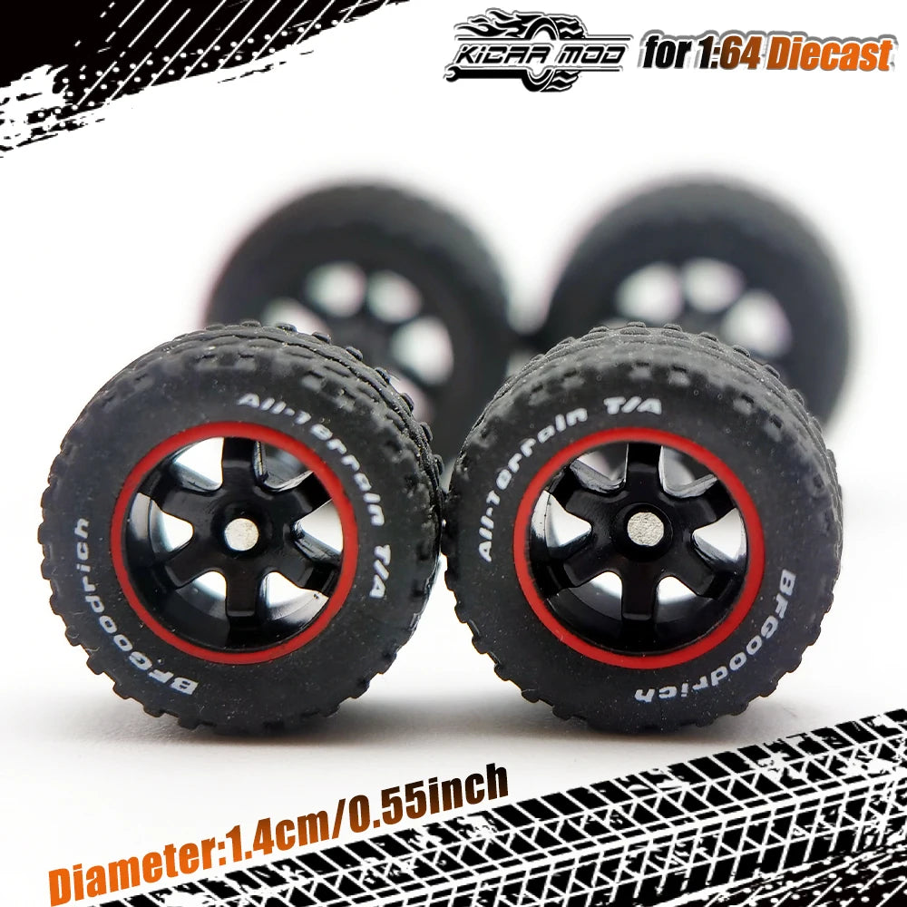 1/64 14mm Rubber Tires Tyre Band Letter & Diecast Car Wheels for 1:64 Off-Road Dedicated to Pickup Trucks, Large Sedan (1 Set)