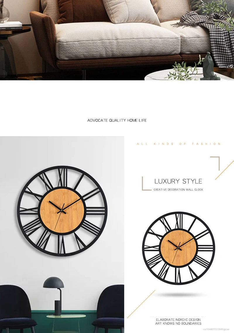 3D Large Wall Clocks Nordic Roman Numerals Retro Round Wood Metal Iron Accurate Silent Hanging Ornament Living Room Decoration