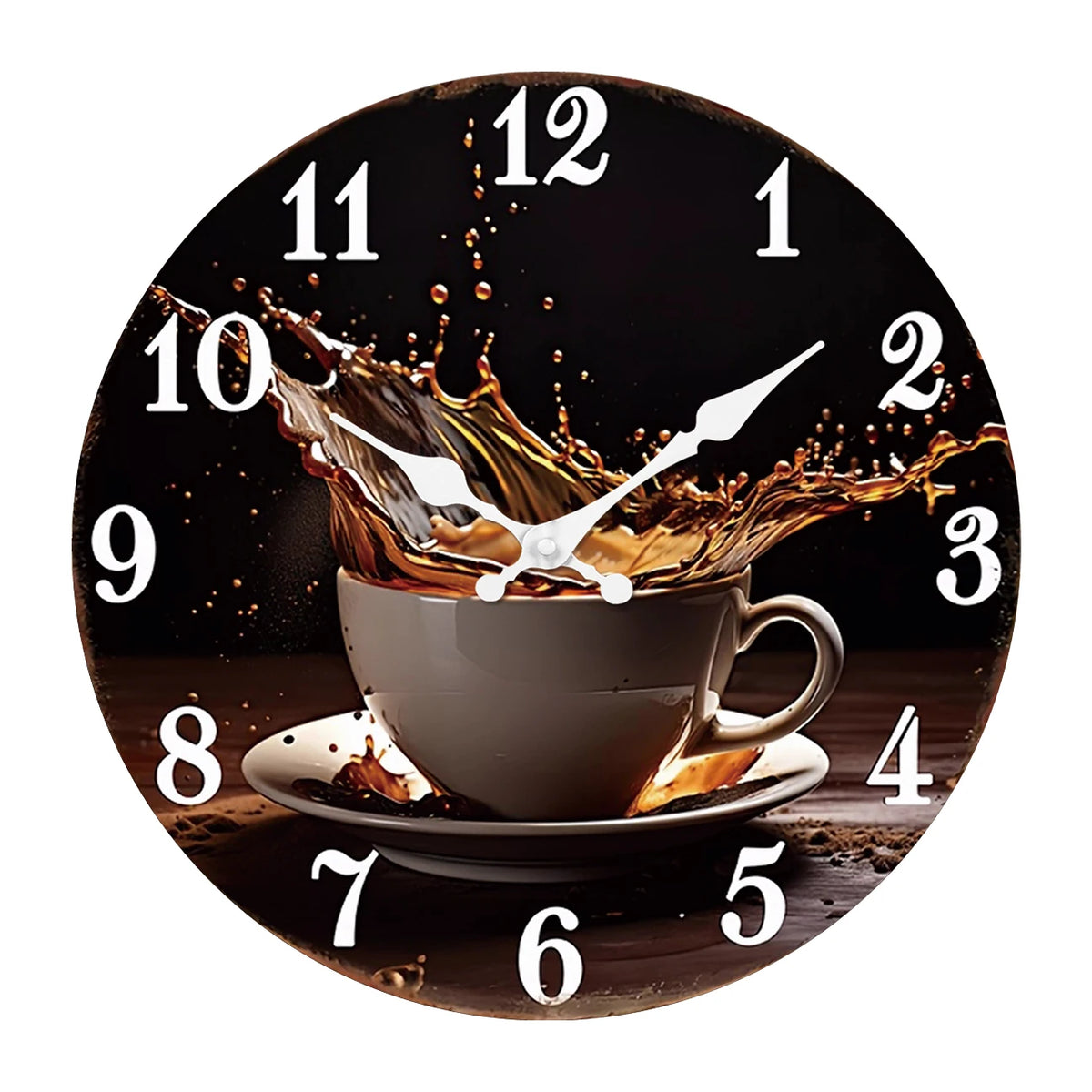 A Stylish Modern Coffee Cup Splash Wooden Wall Clock for Living Room, Bedroom, Kitchen, Home Decoration, Silent Quartz Clock, Holiday Gift, 10 Inches, 12 Inches (No Battery)