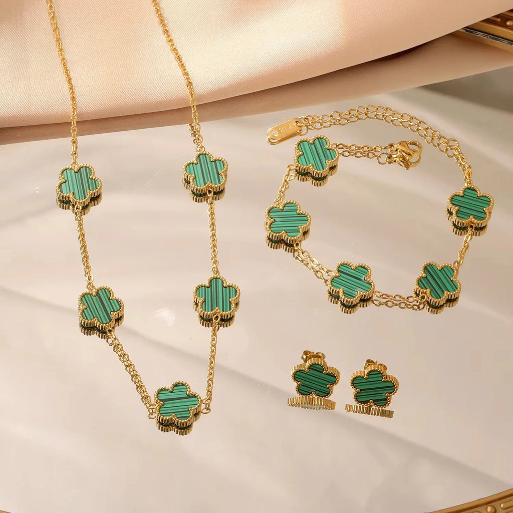 Fashion Flower Necklace Earrings Set Jewelry Women Stainless Steel White Shell Clover Bracelet Jewelry Accessories