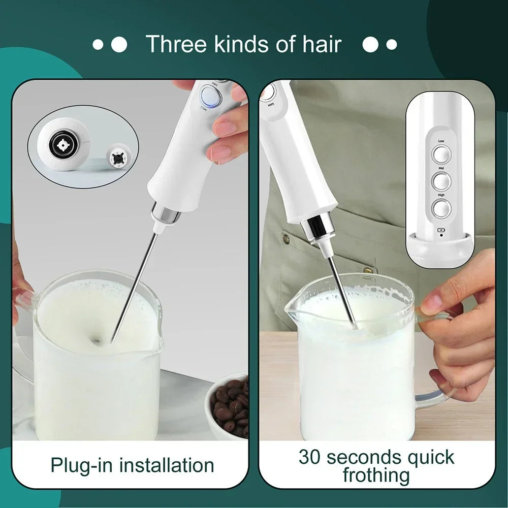 USB Rechargeable Milk Frother Mini Handheld Electric Foam Maker with 3 Speed Whisks for Latte Coffee Cappuccino