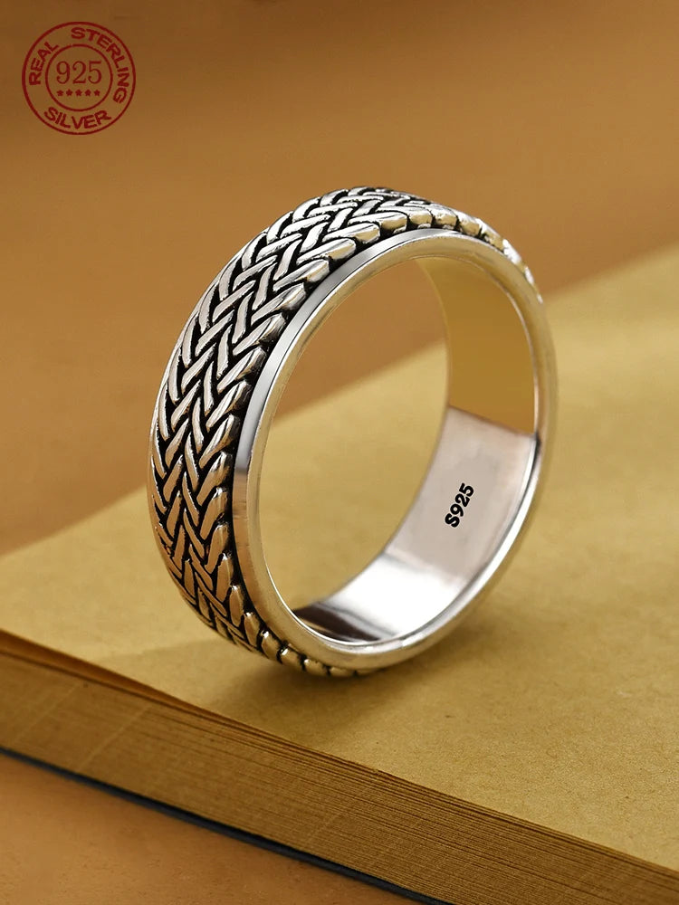 Rotatable S925 Sterling Silver Ring for Men  Vintage Retro Stars Auspicious Cloud Couple Band Women Index Finger Accessories