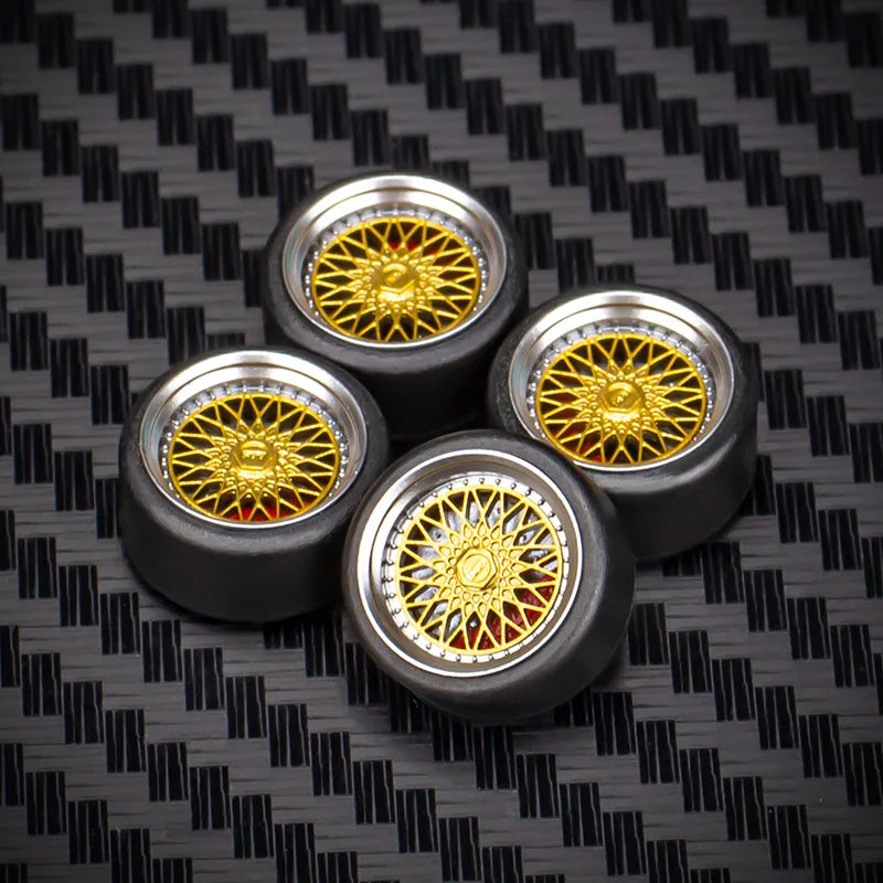 1/64 Car Model Bearing Wheels 9.8mm 10.8mm Rubber Tires W Brake Disc Caliper Axles Modify Spare Parts for 1:64 Cars