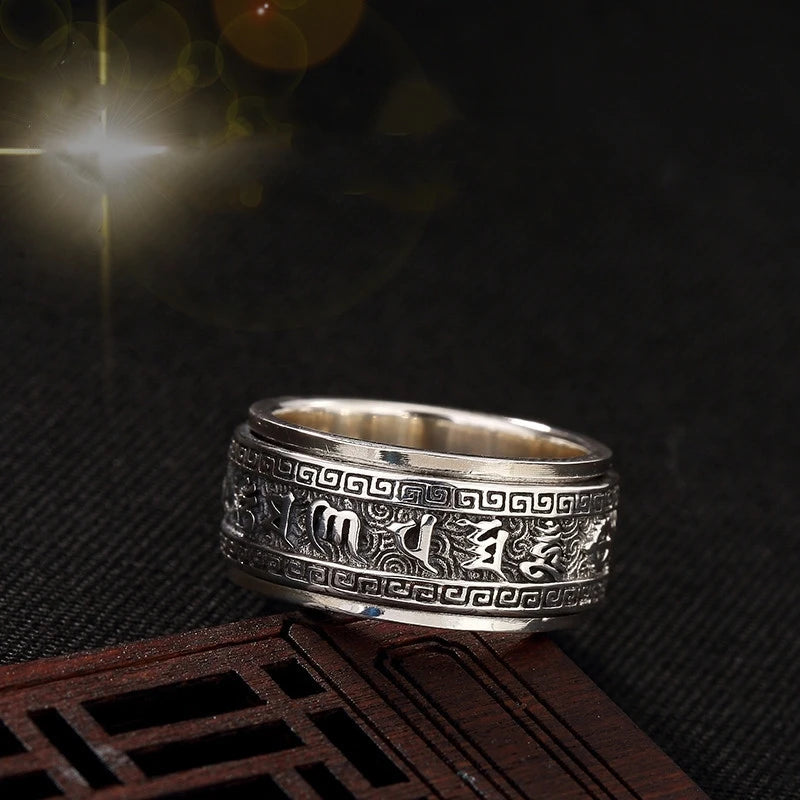 Factory Price S925 Sterling Silver Craft Mens Rings Rotable Stereoscopic Vintage Glossy Six-character Mantra Jewelry Gift
