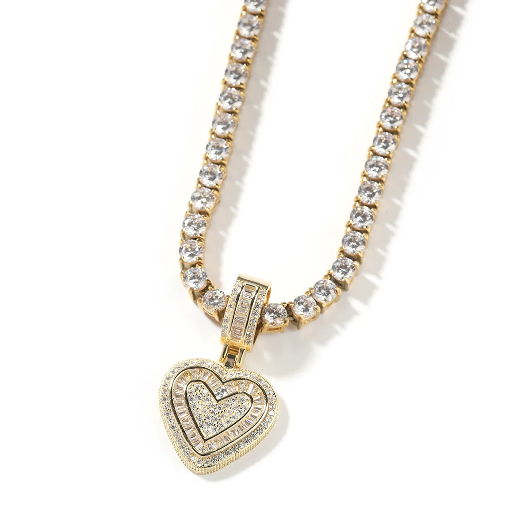 THE BLING KING Baguette CZ Small Heart Shaped Pendant Necklace For Women Iced Out 5A+ Cubic Zironia Lovely Jewelry Birthday Gift
