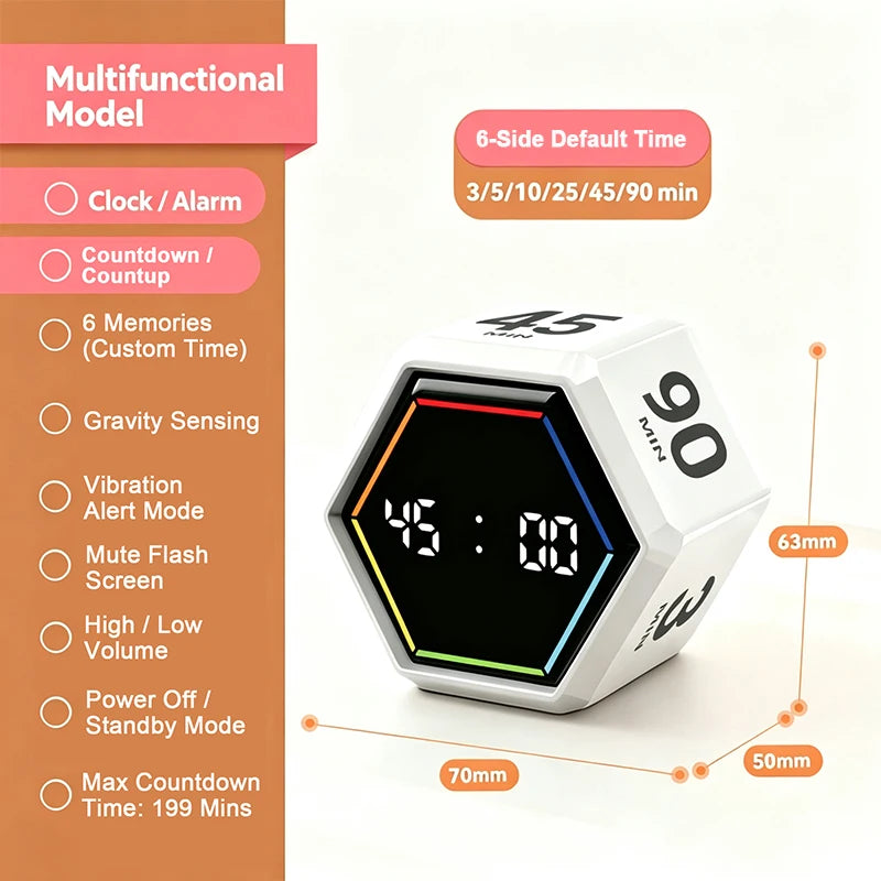 YS-1088 Productivity Flip Timer Gravity Sensor Countdown Visual Timer 6 Preset Time LED Display Cube Kitchen Timer Alarm Clock