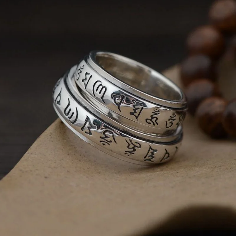 Factory Price S925 Silver Sanskrit Mantra Rotating Men's Ring Literary Simplicity Retro Personality Ring Jewelry Creativity Gift