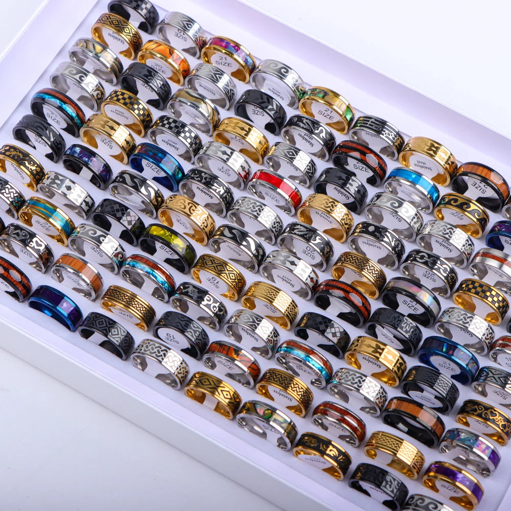 10/20/30/50Pcs/Lot Stainless Steel Fashion Ring Wood Grain Ring Men's Wedding Ring Women's Party Mixed Style Random Style