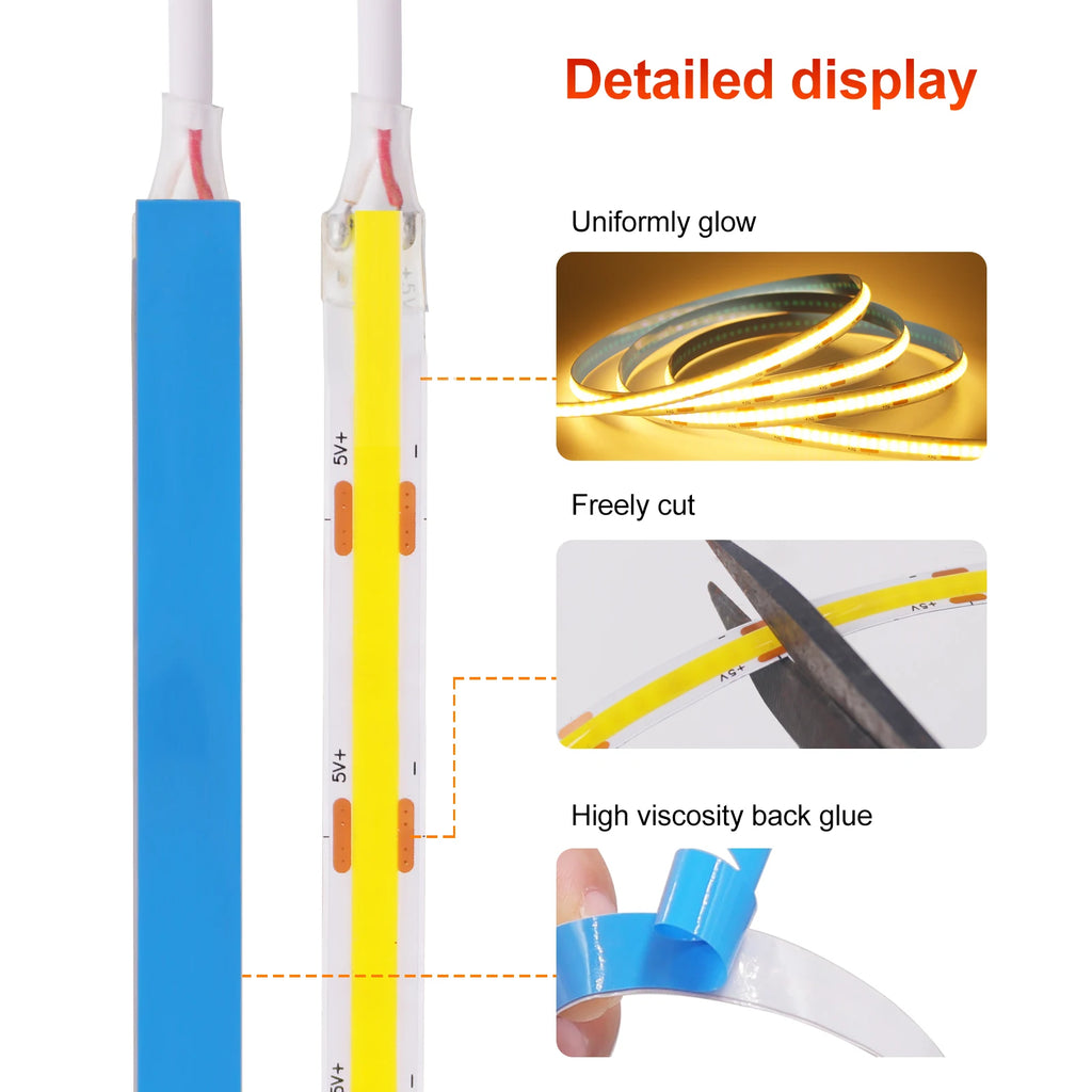 5V COB LED Strip Light 320LEDs/M Touch Sensor Dimmable USB Flexible LED Ribbon Adhesive Tape DIY Mirror TV Backlight Night Light