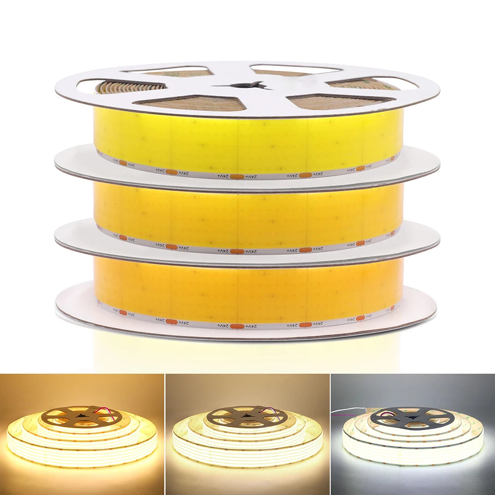 12V 24V COB LED Strip Light 1 2 5 Rows Super Bright 320 600 1600LED/M Flexible Tape High Density Linear Lights 3000K 4000K 6500K