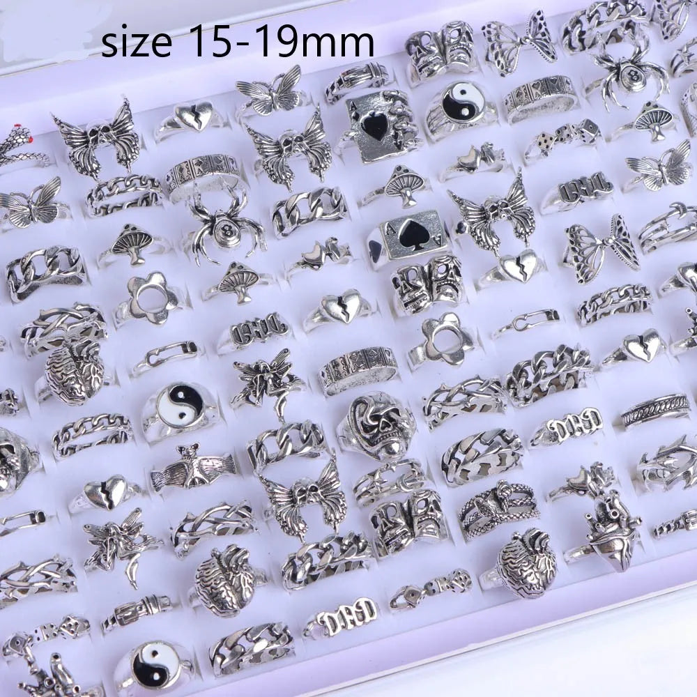 10/20/30/50/100Pcs/Lot Retro Punk Bohemian Rhinestone Carve Rings For Women Mix Style Jewelry Party Gifts Accessories Wholesale
