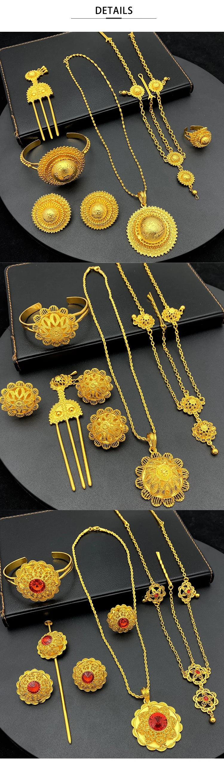 ANIID Ethiopian Gold Color 6pcs Jewelry Sets For Women Dubai Flower Shape Nigerian Luxury Necklace Jewellery Set Wedding Gifts