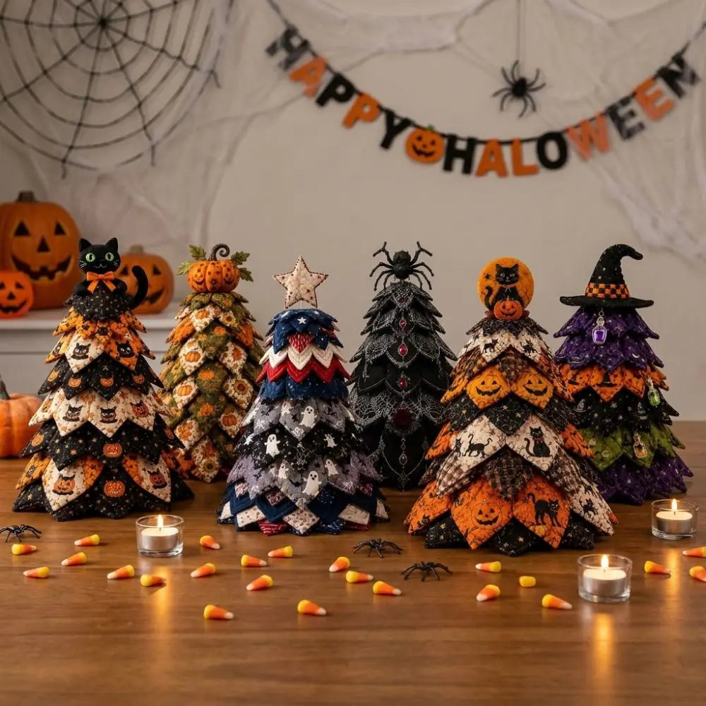 Vintage Halloween Quilted Fabric Tree Kit Pumpkin Ghost Black Cat Spider DIY Patchwork Tabletop Tree Set Tree Ornament 3D Thick