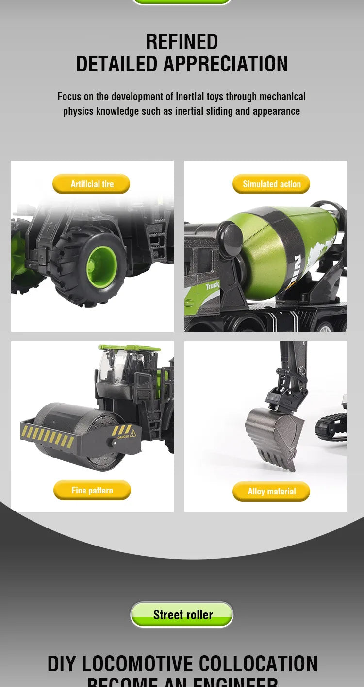 1/50 Diecast Alloy Inertia Engineering Vehicle Model Excavator Crane Forklift Road Roller Collectible Toy Gifts For Boys Kids