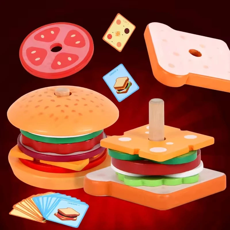 Children Pretend Play Kitchen Wooden  Toys Hamburger Sandwich Simulation Food Matching Games Montessori Educational Stacking Toy