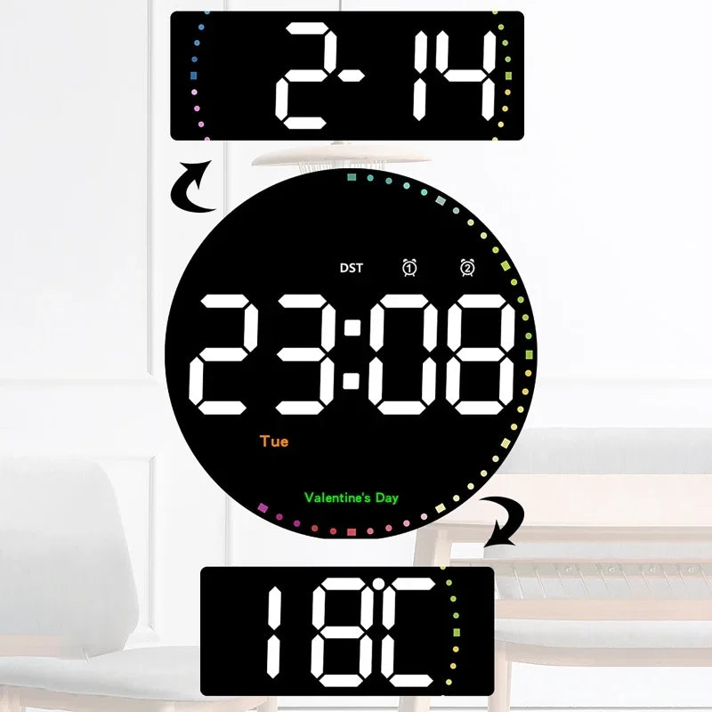 WOKLOK Remote Control 10 inch Colorful Led Wall Calendar Clock for Home Decoration with Temperature Display and Dual Alarms