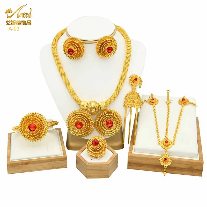 ANIID Ethiopian Gold Color 6pcs Jewelry Sets For Women Dubai Flower Shape Nigerian Luxury Necklace Jewellery Set Wedding Gifts
