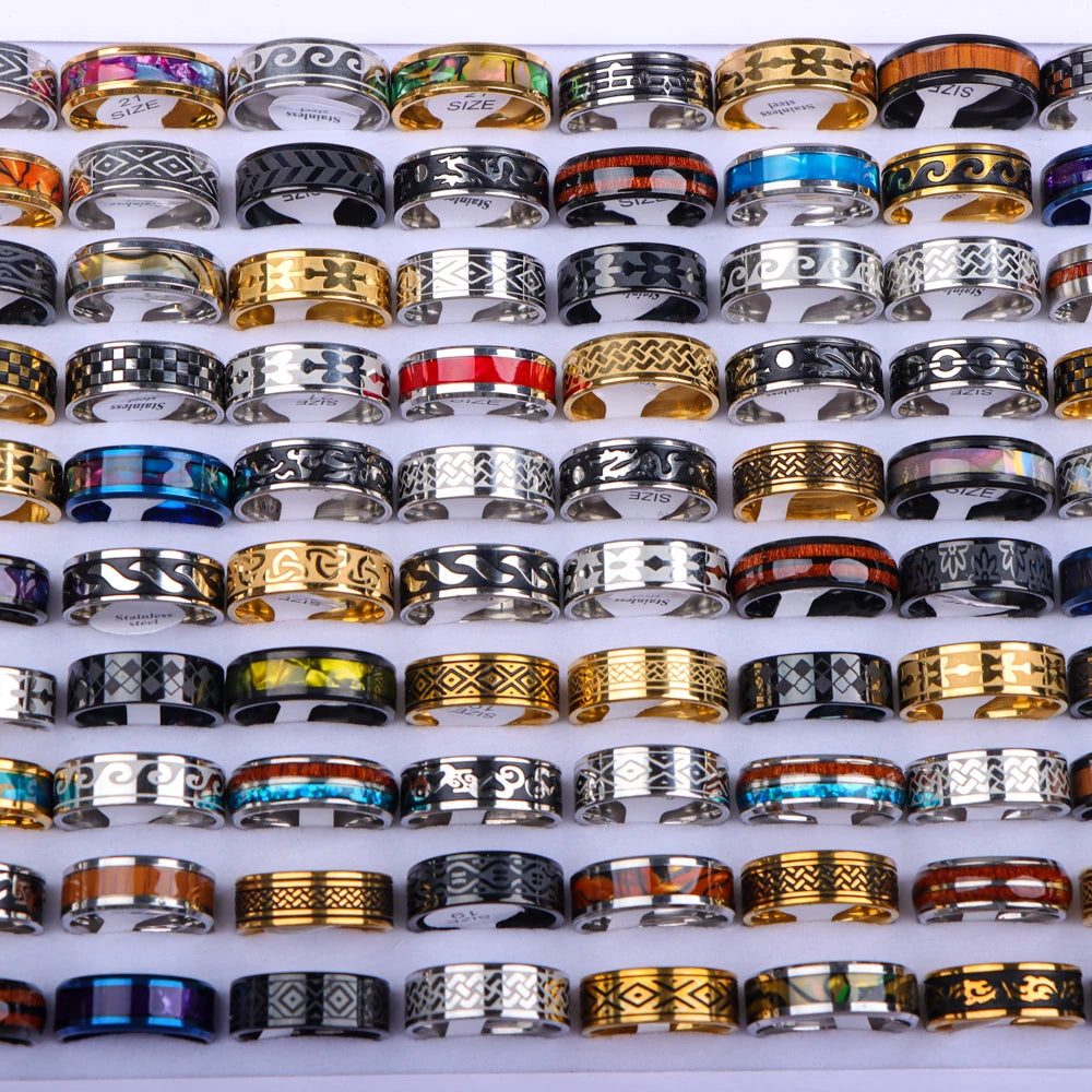 10/20/30/50Pcs/Lot Stainless Steel Fashion Ring Wood Grain Ring Men's Wedding Ring Women's Party Mixed Style Random Style