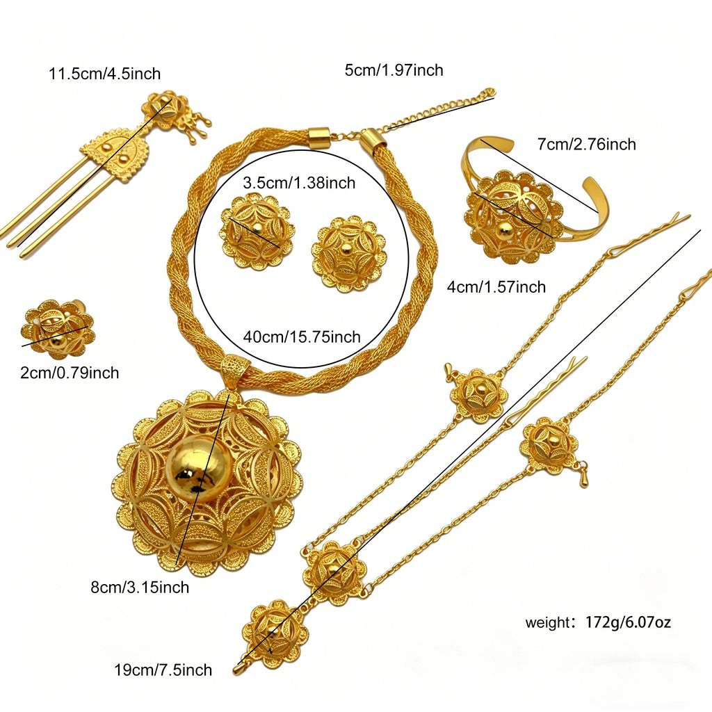 Ethiopian Dubai 24k Plated Gold 6PCS Jewelry Set For Woman African Indian Big Pendant Necklace Wedding Engagement Gifts