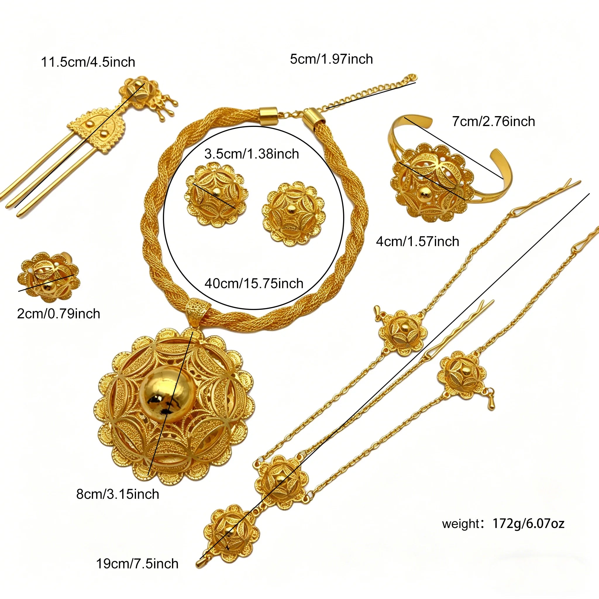 Ethiopian Dubai 24k Plated Gold 6PCS Jewelry Set For Woman African Indian Big Pendant Necklace Wedding Engagement Gifts