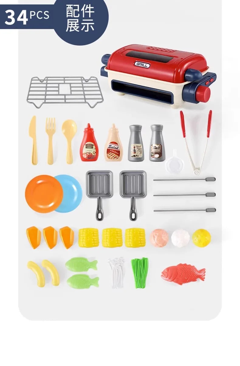 Kids Simulated Barbecue Set with Spray Light and Sound Pretend Play Kitchen Cooking Toy BBQ Educational Toys for Kids Xmas Gifts