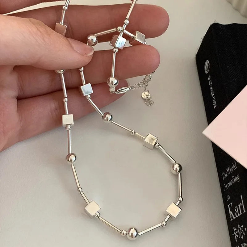 925 Sterling Silver Necklace Black Beads Square Irregular Punk Geometric for Women Girl Jewelry Gift Dropshipping Wholesale