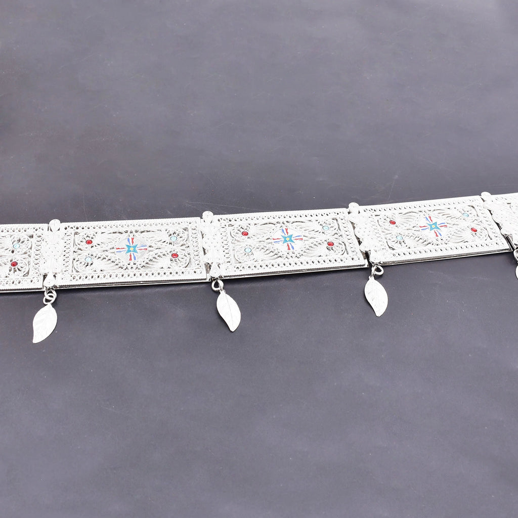 Silver Plated Assyrian Belt Hair Accessories Earrings for Women Kurdish Assyria Ethnic Colorful Flag Leaf Tassel Jewelry Sets