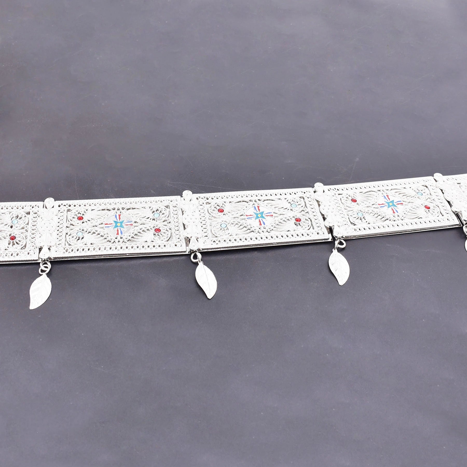 Silver Plated Assyrian Belt Hair Accessories Earrings for Women Kurdish Assyria Ethnic Colorful Flag Leaf Tassel Jewelry Sets