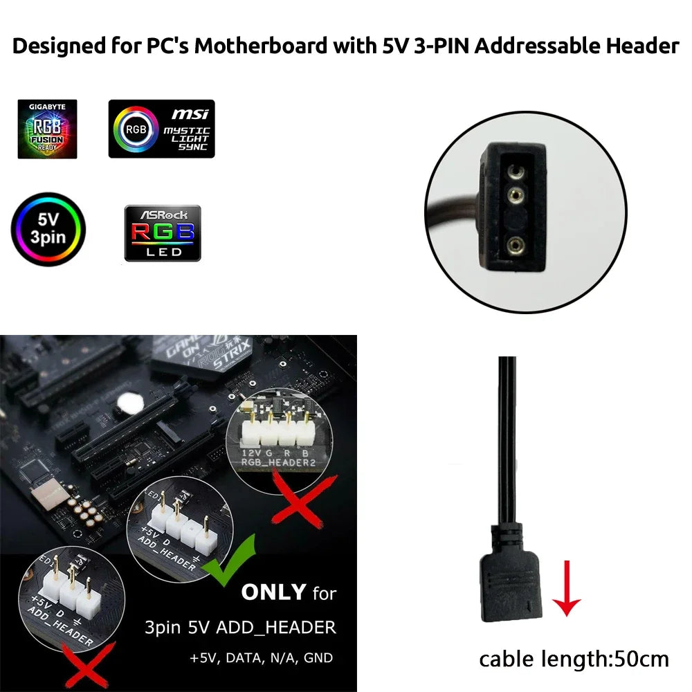 Addressable Rainbow PC Digital WS2812b LED Strip Light for 5V 3pin ARGB Header PC Case Asus Aura Sync RGBIC Fusion MSI Mystic