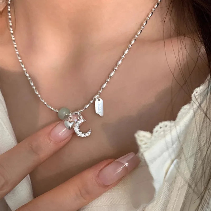 VENTFILLE 925 Sterling Silver Zircon Love Heart Necklaces for Women Girl Moon Luck Hotan Jade Jewelry Dropshipping