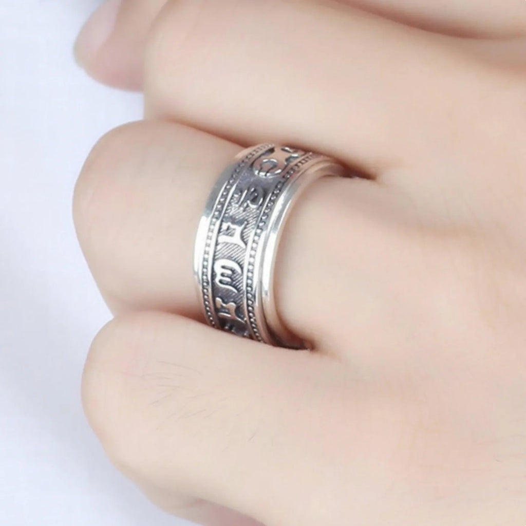 S925 Sterling Silver Ring Men Women Retro Buddhist Six-Character Great Mantra Ring Male Female Amulet Jewelry Exquisite Gift